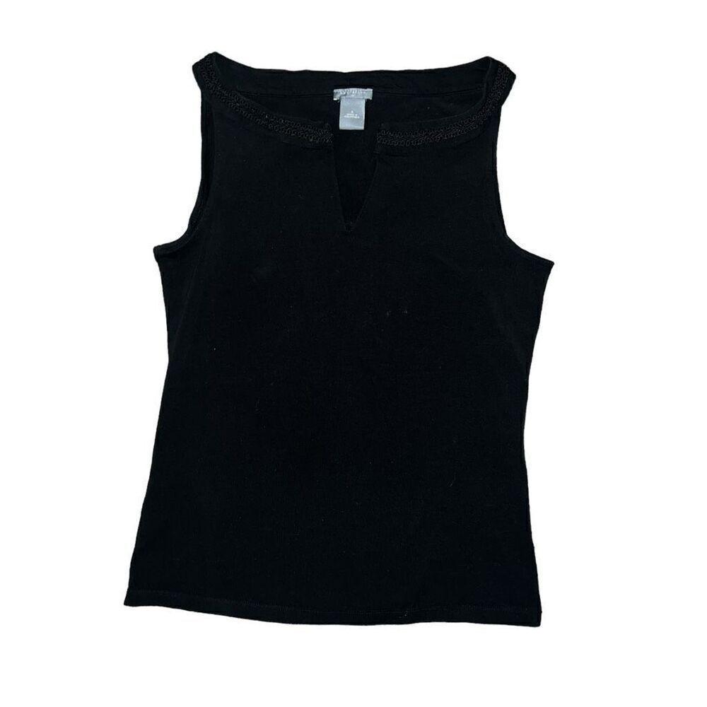 ANN TAYLOR Black Sleeveless V-Neck Blouse W/ Neck Embroidery Size S